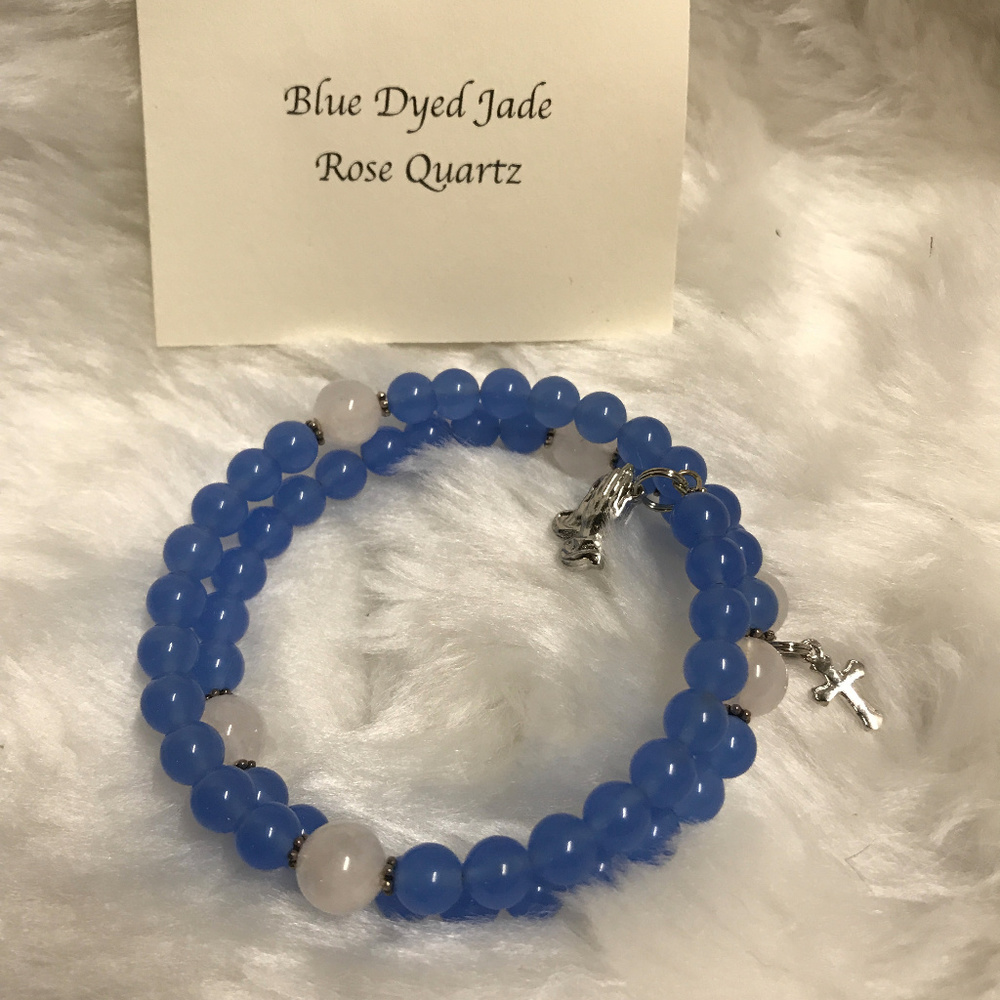Rosary Wrap Genuine Blue Dyed Jade Rose Quartz